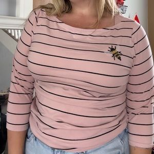 Pink and Black Striped 3/4 Sleeve Crew Neck w/ Bee decal XXL